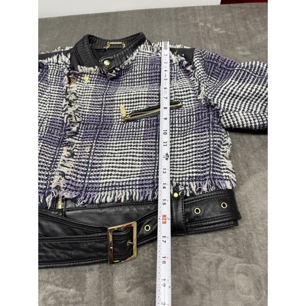 Apart Cropped Leather & Wool Blend Biker Jacket Fringe Trim sz 8 - Picture 15 of 15